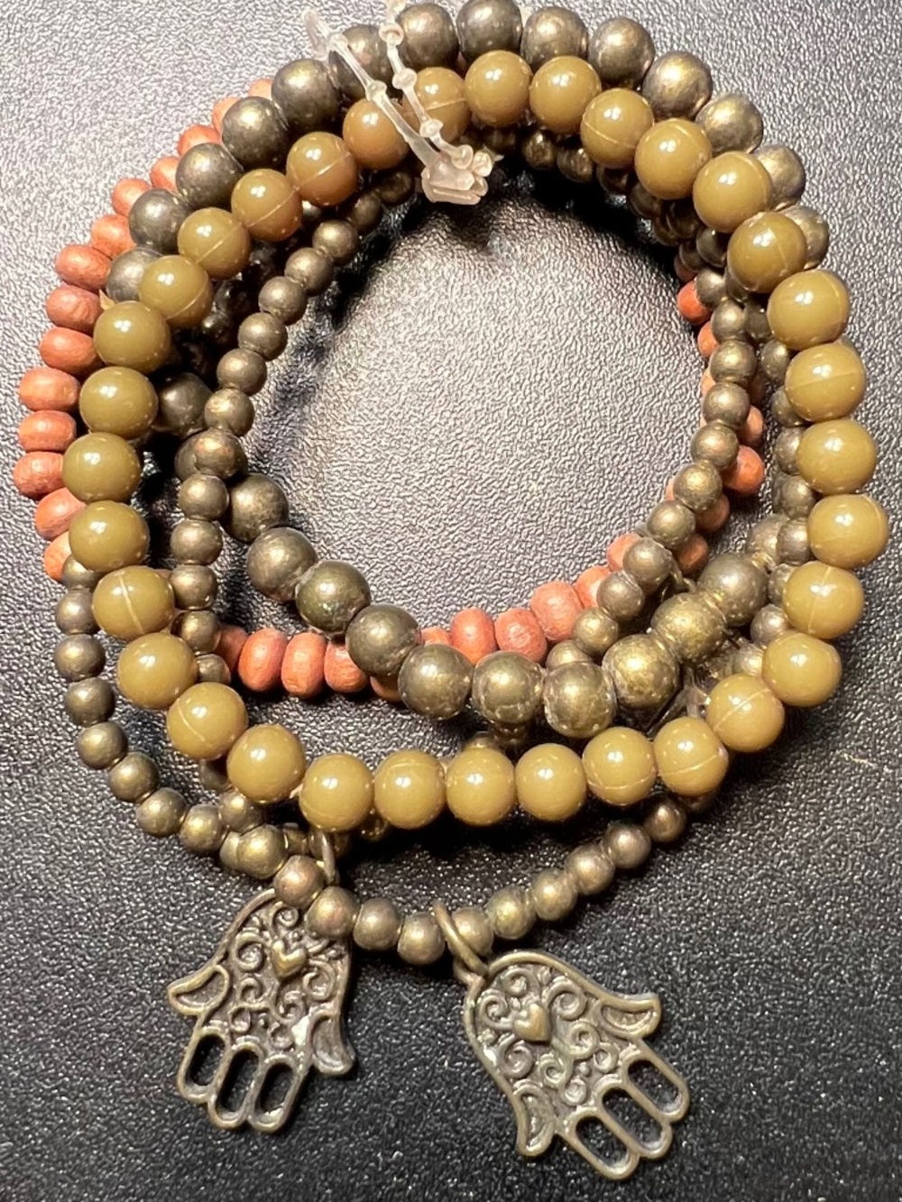 Wood Gunmetal Olive Green Beaded Stretch Multi Strand Hamsa Peace Sign Bracelet